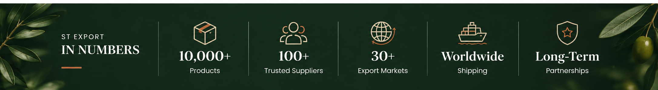 ST Export in numbers: 10,000+ products, 100+ trusted suppliers, 30+ export markets, worldwide shipping, long-term partnerships